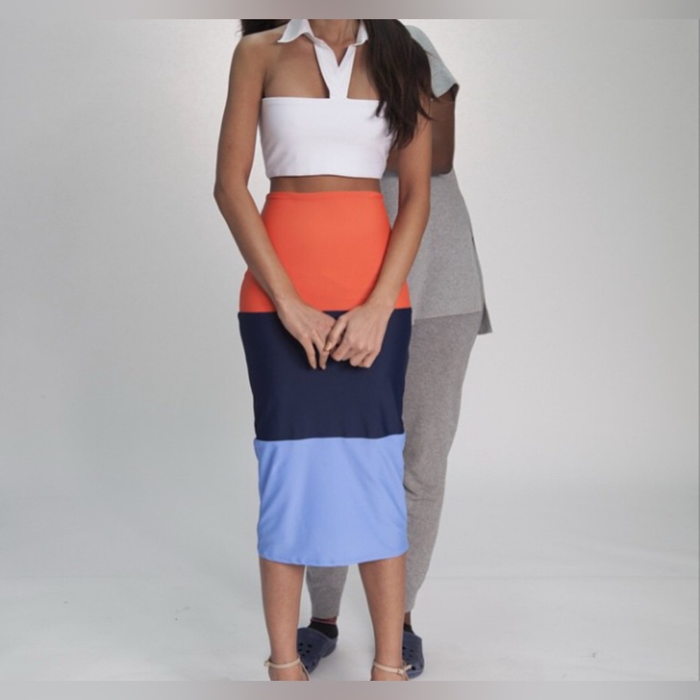 Fe Noel Tri-Color Colorblock Midi Skirt - Orange, Navy, and Blue - Size Medium